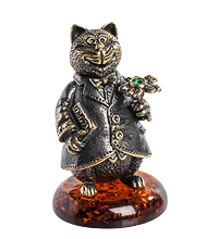 AM-1008 Фигурка "Колокольчик-Кот с цветком" (латунь, янтарь)