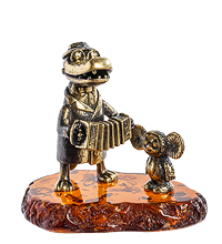 AM-1077 Фигурка "Крокодил Гена и Чебурашка" (латунь, янтарь)