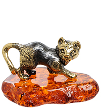 AM-1491 Фигурка "Кошечка охотница" (латунь, янтарь)